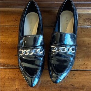 Marc Fisher Glossy Black Loafers with Metallic Chain